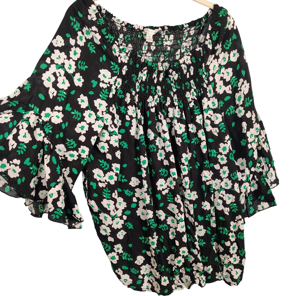 NWT Cato Womens XL Floral Smocked Ruffle Bell Sleeve Top Black Rayon Boho Indie